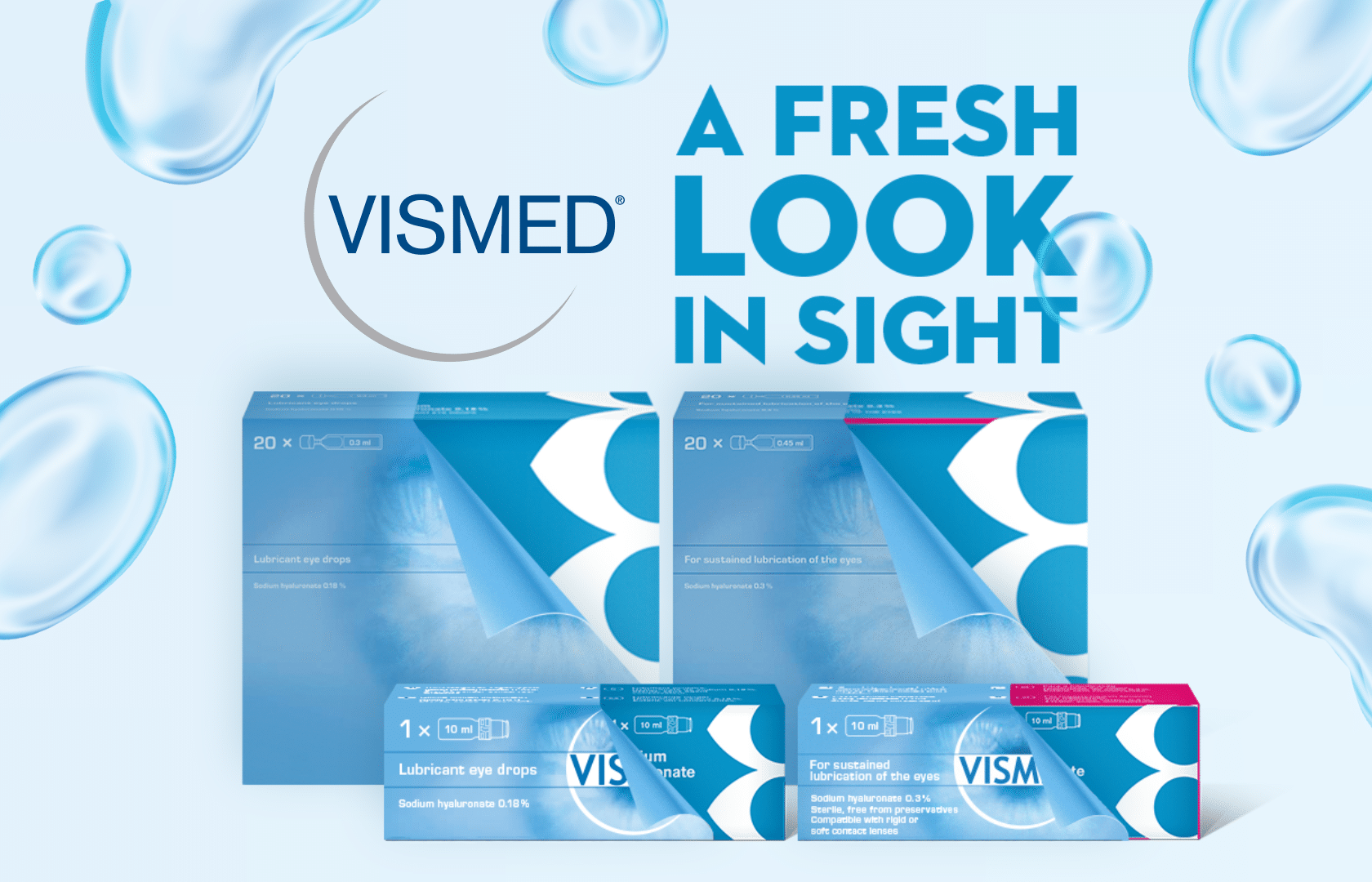 Vismed eye drops, fresh look packaging.